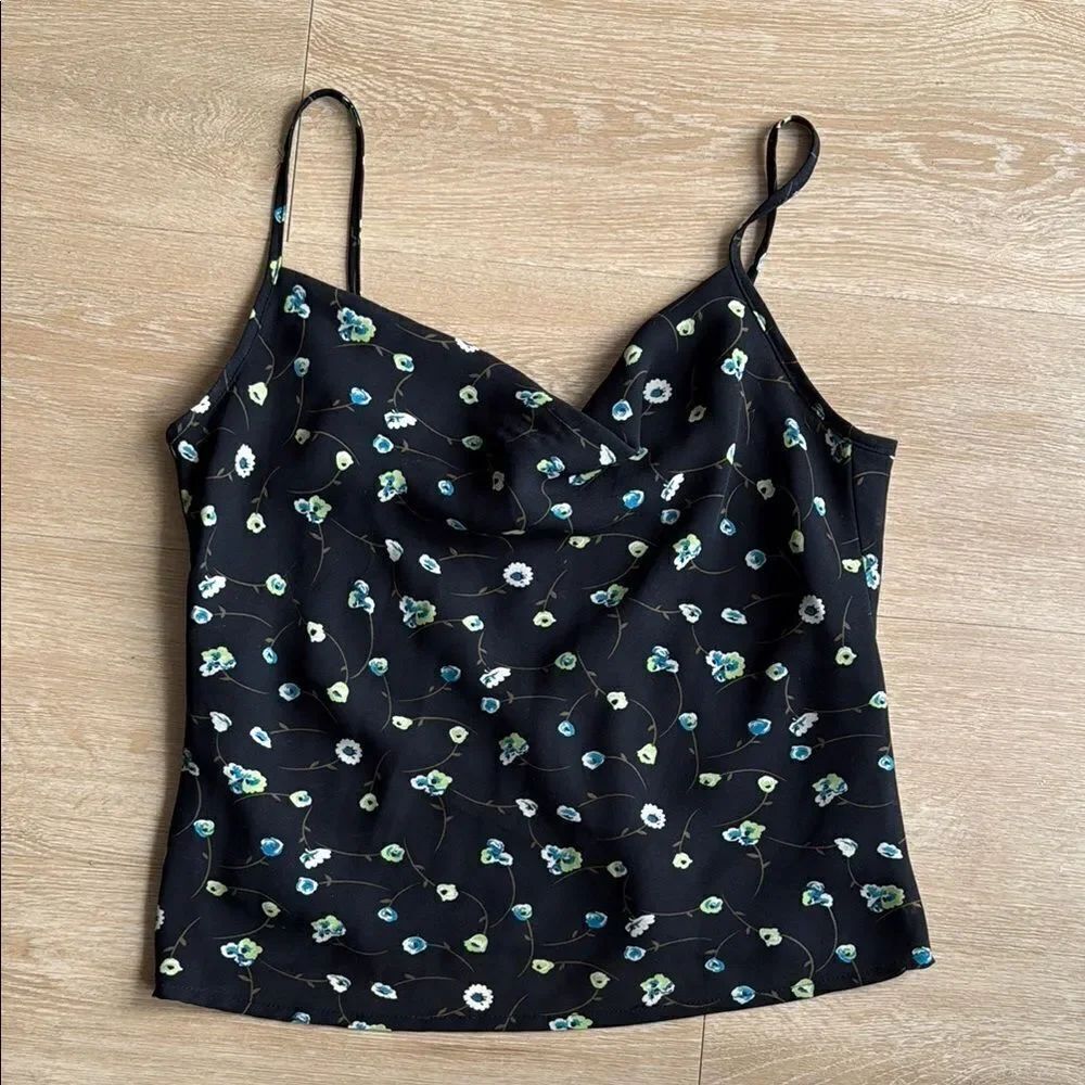 90s Vintage Amani S Black Cowl Neck Floral Tank Top Medium